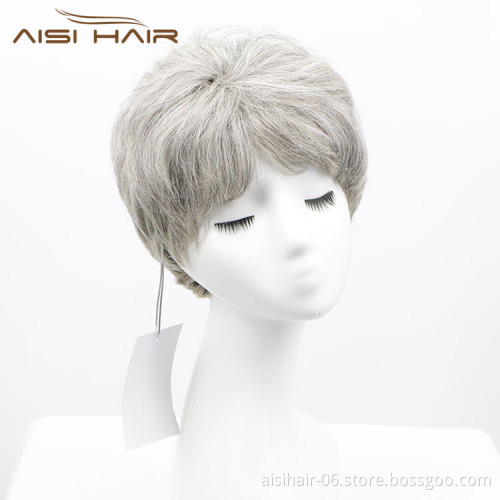 Aisi Hair Machine Made Piece Curly  Unprocessed Brazilian Short Pixie Cut Gray Wig Human Hair
